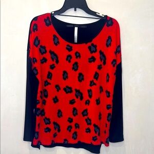 Kensie, Red and Black Leopard, Faux leather Sleeve animal print top. Size L.